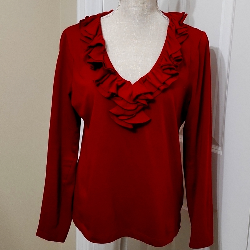 CHAPS RED LONG SLEEVE RUFFLED NECK ACCENT SZ L GREAT CONDITION
